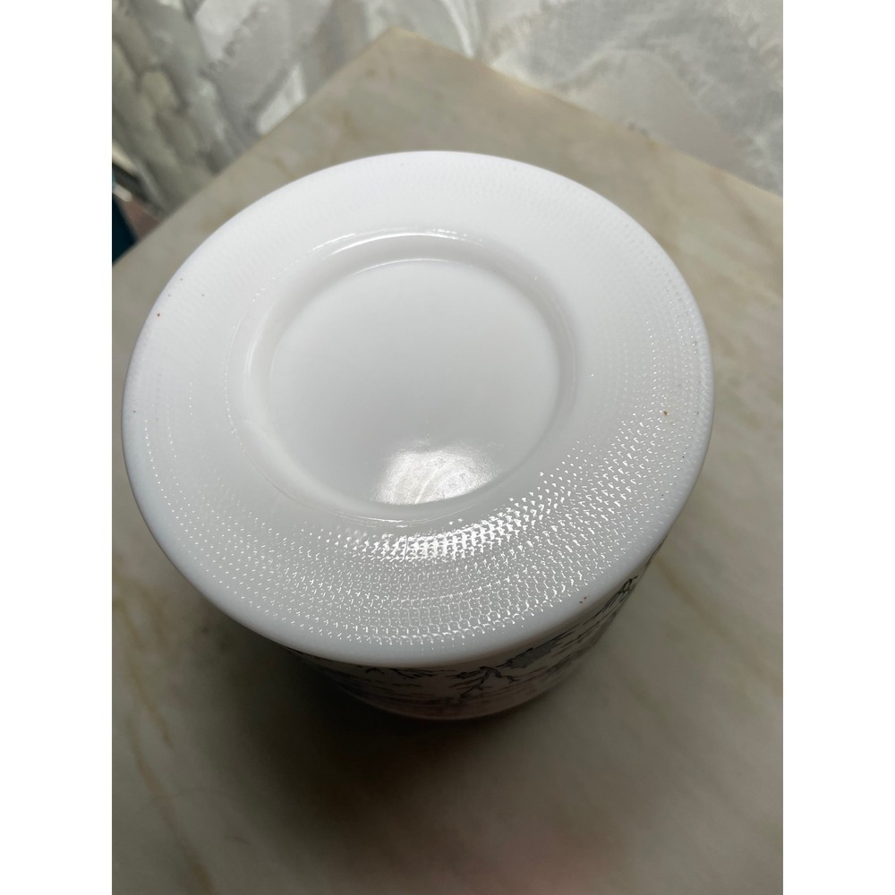 Vintage Milk Glass Canister Currier and Ives Winter Scene Black White Sleigh Lid - Picture 3 of 4